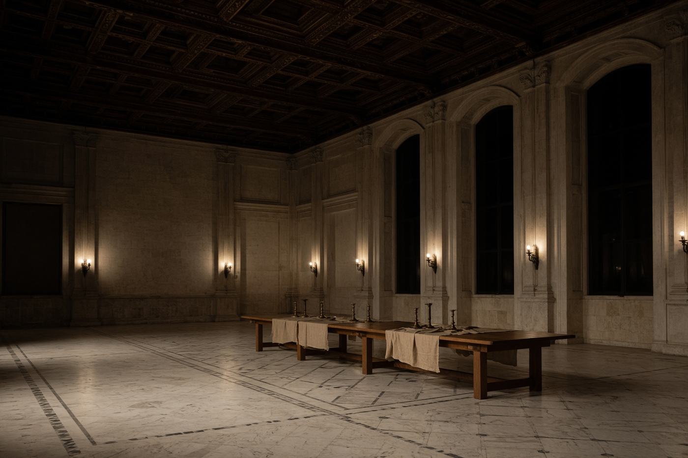 Illustrative photograph of a restored hall: coffered ceiling, marble floor, a long oak table.